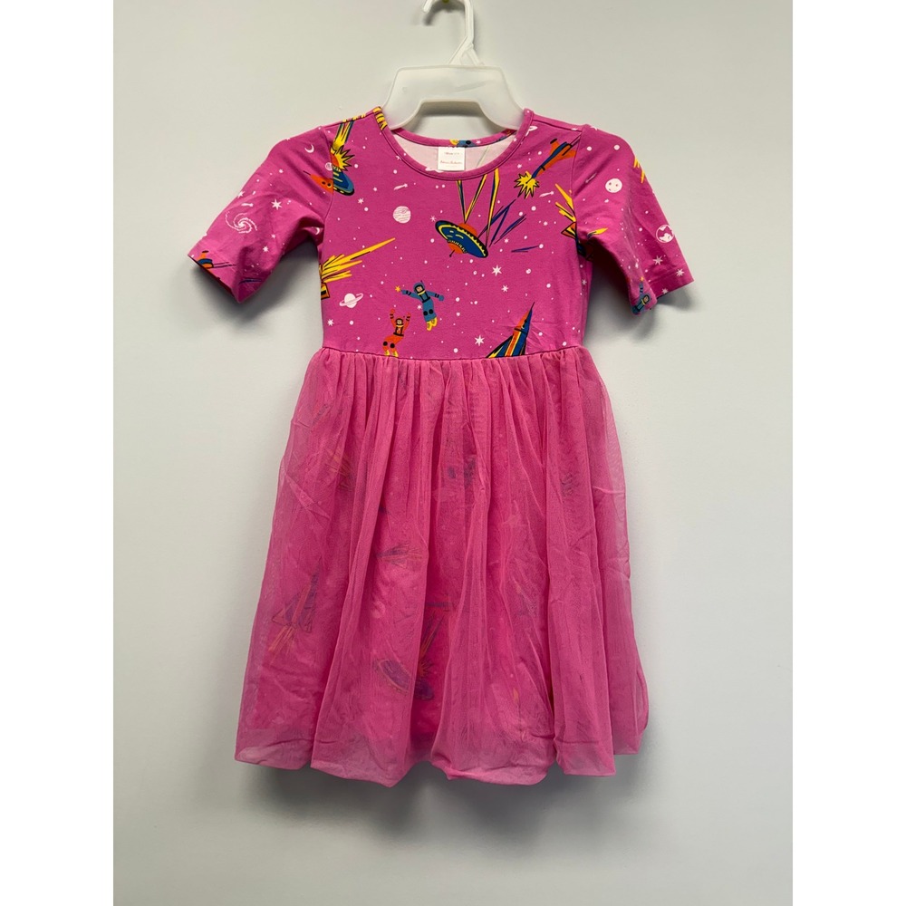 Hanna Andersson Girls Pink Space UFO Tulle Skirt Dress Size 130 US 8 Short Sleev